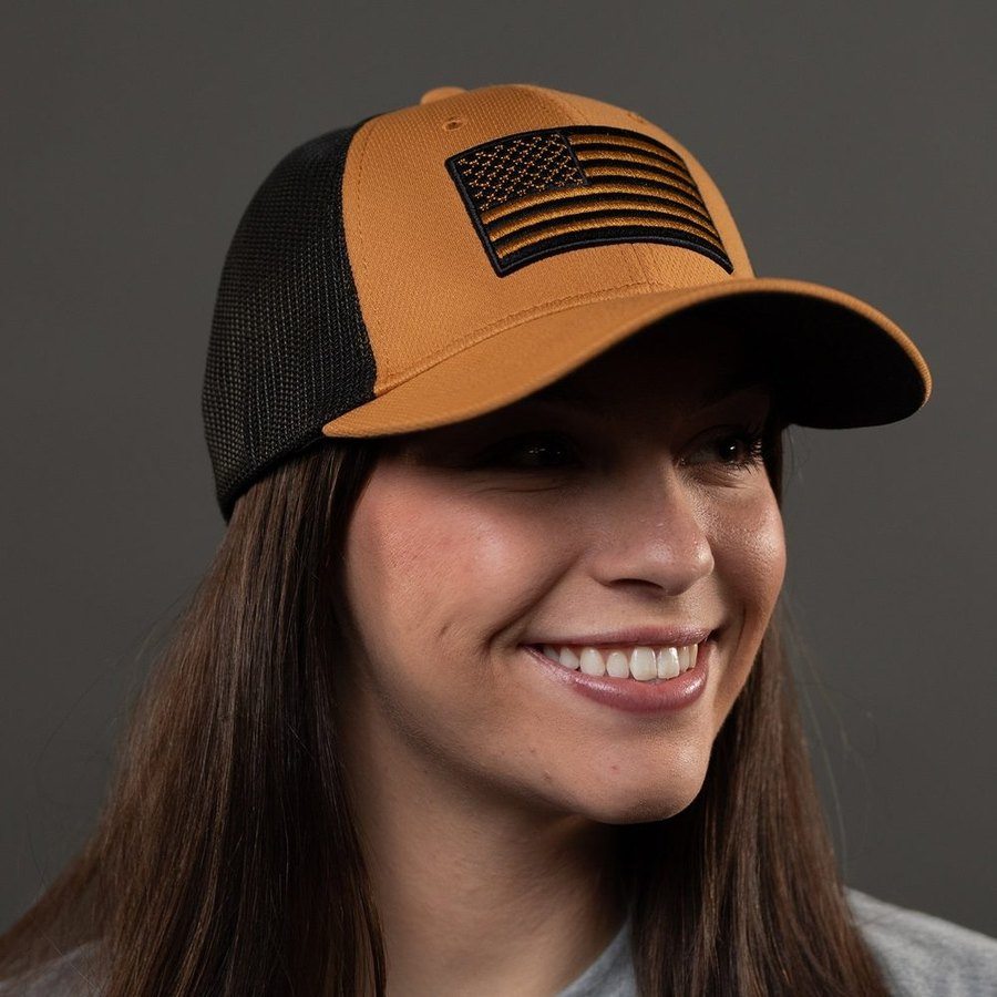 Embroidered American Flag Stretch Fit Hat - Coyote - Image 3