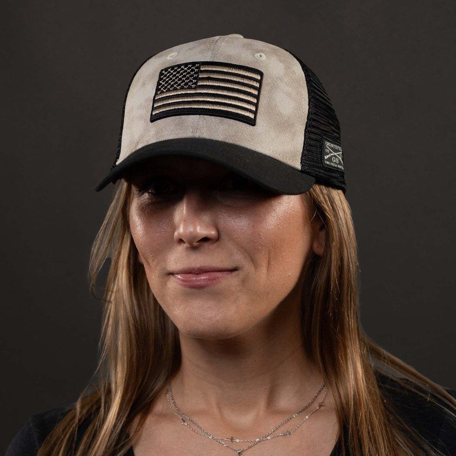 Embroidered American Flag Mesh Hat - Sand Wash - Image 4