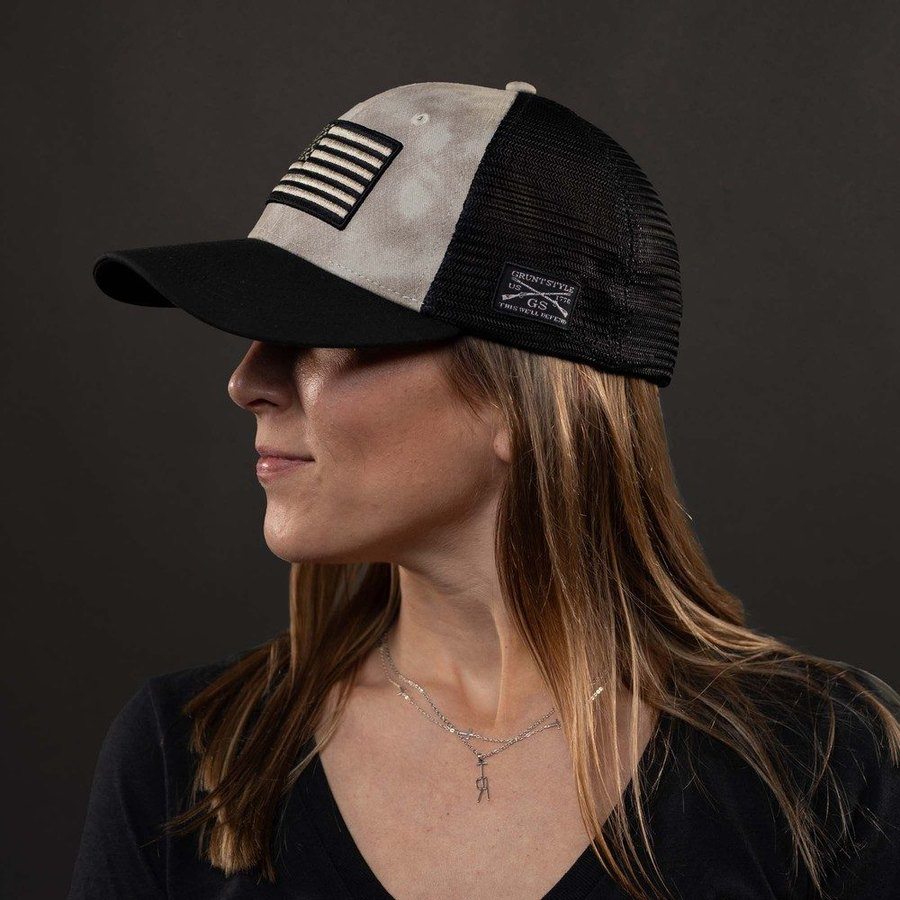Embroidered American Flag Mesh Hat - Sand Wash - Image 6