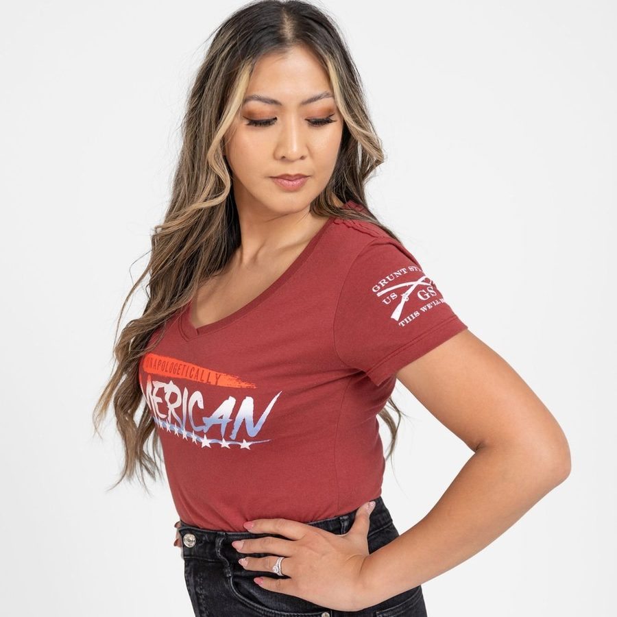 Women's Unapologetically American V-Neck - Red Plum - Image 6