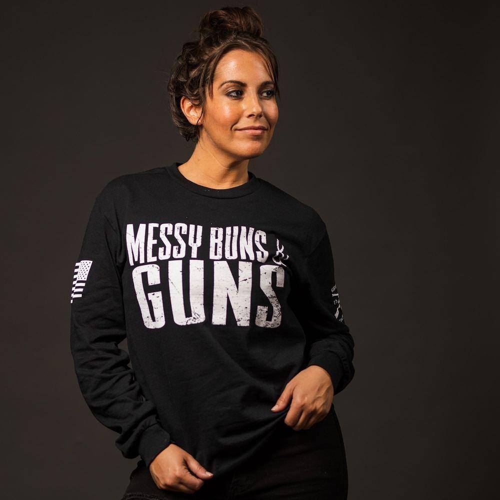 Women's Messy Buns & Guns Long Sleeve - Black - Image 3